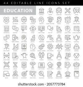 Establecer iconos de línea vectorial en la educación de diseño plano, escuela y universidad con elementos para conceptos móviles y aplicaciones web. Colección de un logotipo y un pictograma infográficos modernos