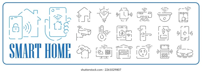 Set vector line icons in flat design smart home, smart systems and technology with elements for mobile concepts and web apps. Collection modern infographic logo and pictogram