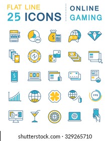 Set vector line icons in flat design online gaming, casino, slot machine and slots, mobile gaming with elements for mobile concepts and web apps. Collection modern infographic logo and pictogram