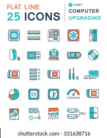 Set vector line icons in flat design upgrading computer and hardware, overclocking, cooling, test cpu with elements for mobile concepts and web apps. Collection modern infographic logo and pictogram