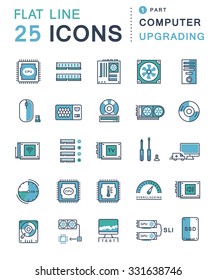 Set vector line icons in flat design upgrading computer and hardware, overclocking, cooling, test cpu with elements for mobile concepts and web apps. Collection modern infographic logo and pictogram