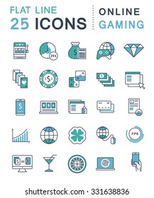 Set vector line icons in flat design online gaming, casino, slot machine and slots, mobile gaming with elements for mobile concepts and web apps. Collection modern infographic logo and pictogram