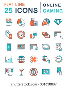 Set vector line icons in flat design online gaming, casino, slot machine and slots, mobile gaming with elements for mobile concepts and web apps. Collection modern infographic logo and pictogram