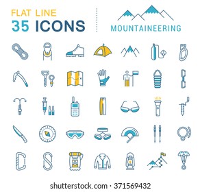 Set vector line icons in flat design mountaineering and hiking with elements for mobile concepts and web apps. Collection modern infographic logo and pictogram.