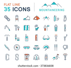 Set vector line icons in flat design mountaineering and hiking with elements for mobile concepts and web apps. Collection modern infographic logo and pictogram.