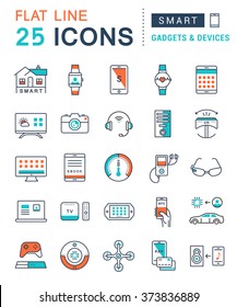 Set vector line icons in flat design smart device and gadgets, smart, home, car drones and other device with elements for mobile concepts and web apps. Collection modern infographic logo and pictogram