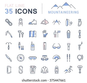 Set vector line icons in flat design mountaineering and hiking with elements for mobile concepts and web apps. Collection modern infographic logo and pictogram.