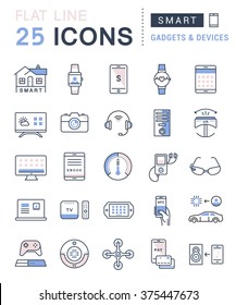 Set vector line icons in flat design smart device and gadgets, smart, home, car drones and other device with elements for mobile concepts and web apps. Collection modern infographic logo and pictogram