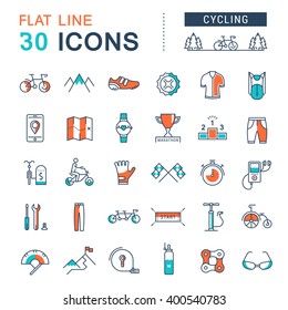 Set vector line icons in flat design cycling, bike elements and parts, bicycle sport with elements for mobile concepts and web apps. Collection modern infographic logo and pictogram.