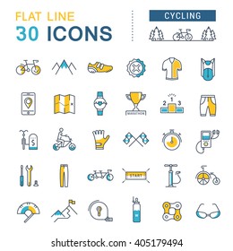 Set vector line icons in flat design cycling, bike elements and parts, bicycle sport with elements for mobile concepts and web apps. Collection modern infographic logo and pictogram.