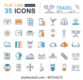 Set vector line icons in flat design travel, hotel service, resort vacation, tour planning, recreational rest, holiday trips for mobile concepts and web apps. Collection modern infographic logos.