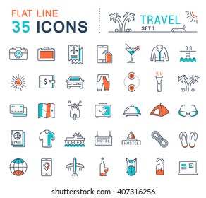 Set vector line icons in flat design travel, hotel service, resort vacation, tour planning, recreational rest, holiday trips for mobile concepts and web apps. Collection modern infographic logos.