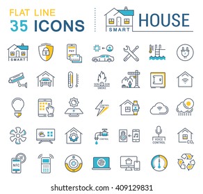 Set vector line icons in flat design smart home, smart systems and technology with elements for mobile concepts and web apps. Collection modern infographic logo and pictogram.