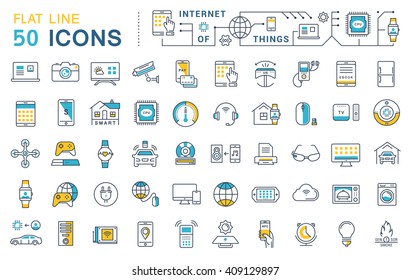 Set vector line icons in flat design internet of things and smart gadgets with elements for mobile concepts and web apps. Collection modern infographic logo and pictogram.