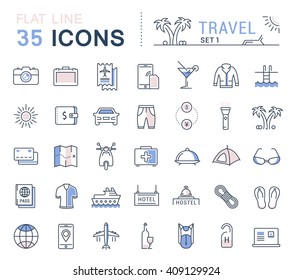 Set vector line icons in flat design travel, hotel service, resort vacation, tour planning, recreational rest, holiday trips for mobile concepts and web apps. Collection modern infographic logos.