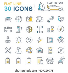 Set Vector Line Icons In Flat Design Electric Cars And Eco Transport With Elements For Mobile Concepts And Web Apps. Collection Modern Infographic Logo And Pictogram.