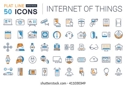 Set vector line icons in flat design internet of things and smart gadgets with elements for mobile concepts and web apps. Collection modern infographic logo and pictogram.