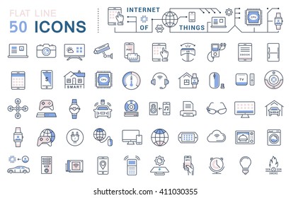 Set vector line icons in flat design internet of things and smart gadgets with elements for mobile concepts and web apps. Collection modern infographic logo and pictogram.