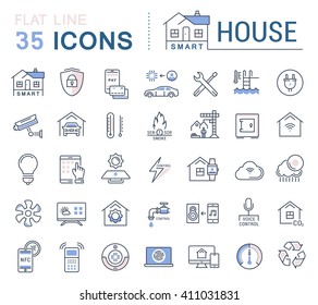 Set vector line icons in flat design smart home, smart systems and technology with elements for mobile concepts and web apps. Collection modern infographic logo and pictogram.