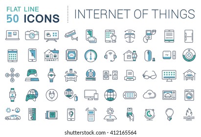 Set vector line icons in flat design internet of things and smart gadgets with elements for mobile concepts and web apps. Collection modern infographic logo and pictogram.