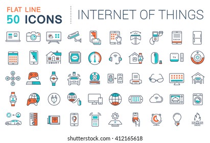 Set vector line icons in flat design internet of things and smart gadgets with elements for mobile concepts and web apps. Collection modern infographic logo and pictogram.