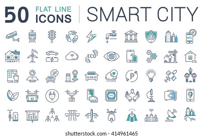 Set vector line icons in flat design smart sity and technology with elements for mobile concepts and web apps. Collection modern infographic logo and pictogram.
