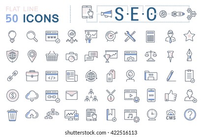 Set vector line icons in flat design with elements SEO and web design for mobile concepts and web apps. Collection modern infographic logo and pictogram.