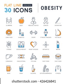 Set vector line icons in flat design obesity, junk food and health with elements for mobile concepts and web apps. Collection modern infographic logo and pictogram.