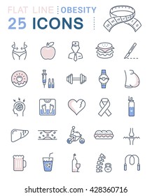 Set vector line icons in flat design obesity, junk food and health with elements for mobile concepts and web apps. Collection modern infographic logo and pictogram.