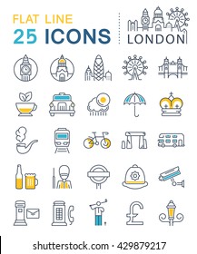 Set vector line icons in flat design London and England with elements for mobile concepts and web apps. Collection modern infographic logo and pictogram.