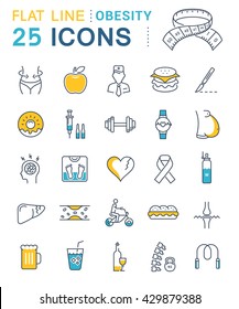 Set vector line icons in flat design obesity, junk food and health with elements for mobile concepts and web apps. Collection modern infographic logo and pictogram.