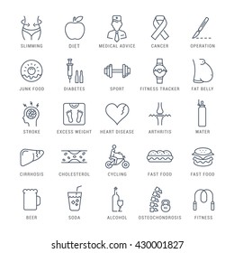 Set vector line icons in flat design obesity, junk food and health with elements for mobile concepts and web apps. Collection modern infographic logo and pictogram.