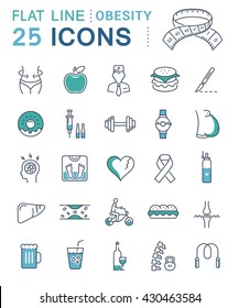 Set vector line icons in flat design obesity, junk food and health with elements for mobile concepts and web apps. Collection modern infographic logo and pictogram.