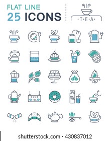 Set vector line icons in flat design tea and breakfast with elements for mobile concepts and web apps. Collection modern infographic logo and pictogram.