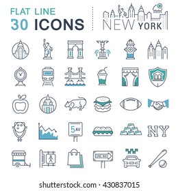 Set vector line icons in flat design New York and USA with elements for mobile concepts and web apps. Collection modern infographic logo and pictogram.