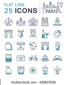 Set vector line icons in flat design Paris and France with elements for mobile concepts and web apps. Collection modern infographic logo and pictogram.