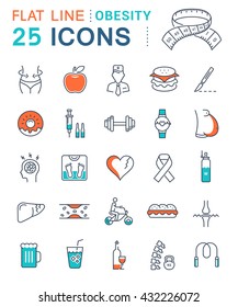 Set vector line icons in flat design obesity, junk food and health with elements for mobile concepts and web apps. Collection modern infographic logo and pictogram.