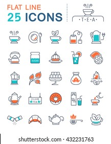 Set vector line icons in flat design tea and breakfast with elements for mobile concepts and web apps. Collection modern infographic logo and pictogram.