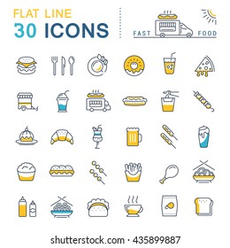 Set vector line icons in flat design fast food, Chinese food and junk food with elements for mobile concepts and web apps. Collection modern infographic logo and pictogram.