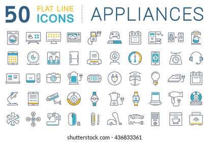 Set vector line icons in flat design appliance, smart devices and gadgets, modern web icons and symbols with elements for mobile concepts and web apps. Collection modern infographic logo and pictogram