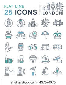 Set vector line icons in flat design London, England and tourism with elements for mobile concepts and web apps. Collection modern infographic logo and sign.