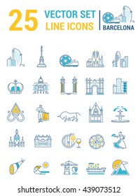 Set vector line icons in flat design with  Barcelona elements for mobile concepts and web apps. Collection modern infographic logo and pictogram.