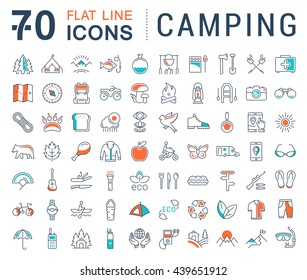 Set vector line icons in flat design camping, eco and ecotourism with elements for mobile concepts and web apps. Collection modern infographic logo and pictogram.