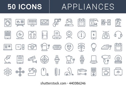 Set vector line icons in flat design appliance, smart devices and gadgets, modern web icons and symbols with elements for mobile concepts and web apps. Collection modern infographic logo and pictogram