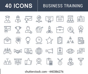 Set vector line icons in flat design business training and development, training course, business meeting with elements for mobile concepts and web apps. Collection modern infographic logo and sign.