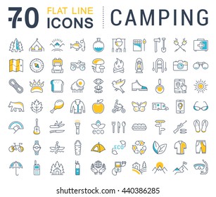 Set vector line icons in flat design camping, eco and ecotourism with elements for mobile concepts and web apps. Collection modern infographic logo and pictogram.