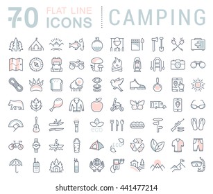 Set vector line icons in flat design camping, eco and ecotourism with elements for mobile concepts and web apps. Collection modern infographic logo and pictogram.