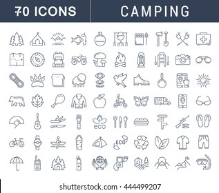 Set vector line icons in flat design camping, eco and ecotourism with elements for mobile concepts and web apps. Collection modern infographic logo and pictogram.