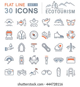 Set vector line icons in flat design eco, ecotourism and recycle with elements for mobile concepts and web apps. Collection modern infographic logo and pictogram.