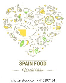 Set vector line icons in flat design with Spanish food elements for mobile concepts and web apps. Collection modern infographic logo and pictogram.